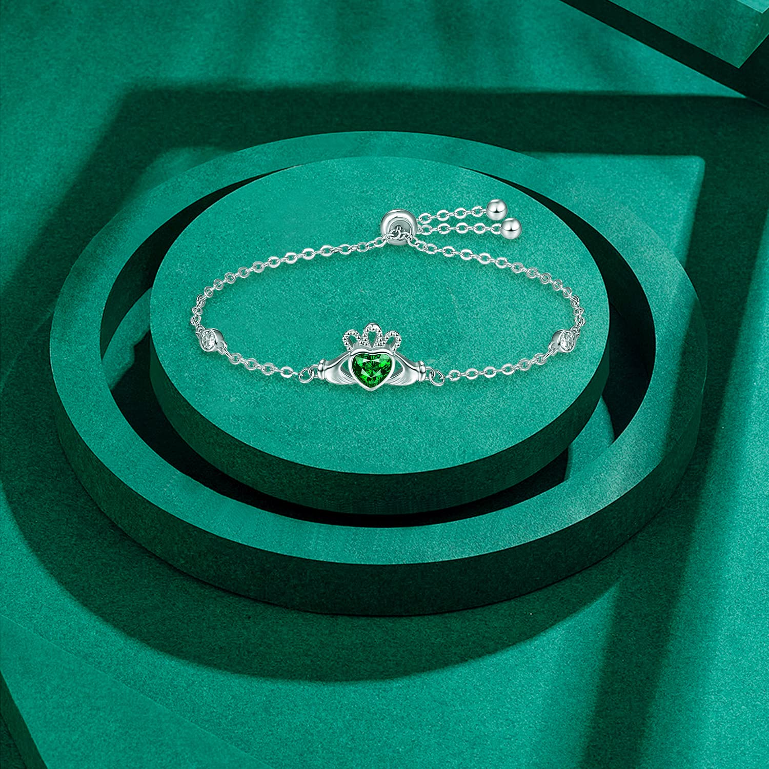 Claddagh Emerald Heart Silver Slider Bracelet